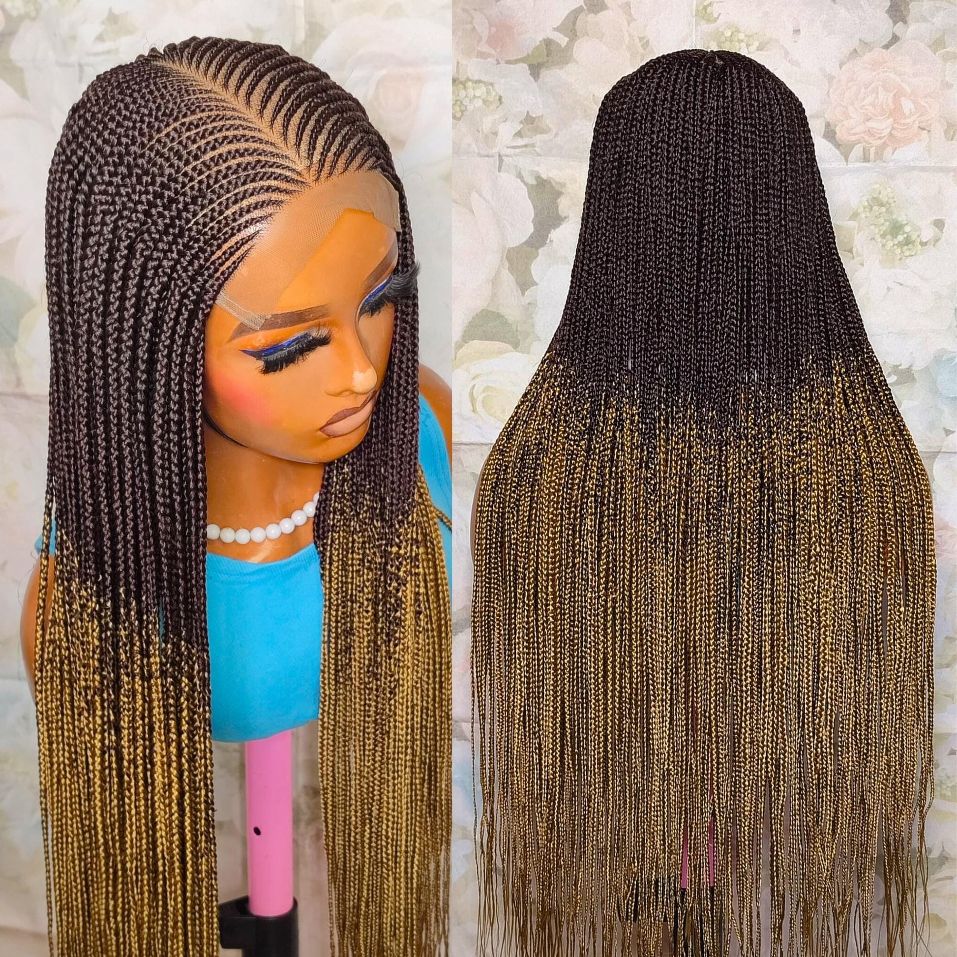 Braided Wigs for Black Women 30" Brown & Gold Cornrow Braid Wig – Middle Part Lace Frontal – product image 3