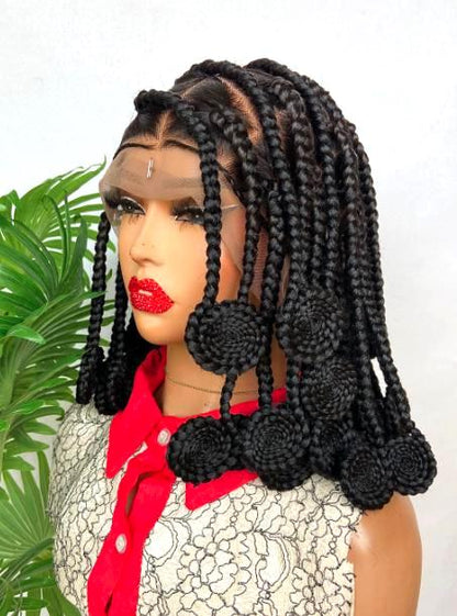 Koroba Bantu Knots Full Lace Wig For Women – Triangle Cut Short Box Braids Wig – Human Hair Shoulder Length Wig – African Tribal – product image 2