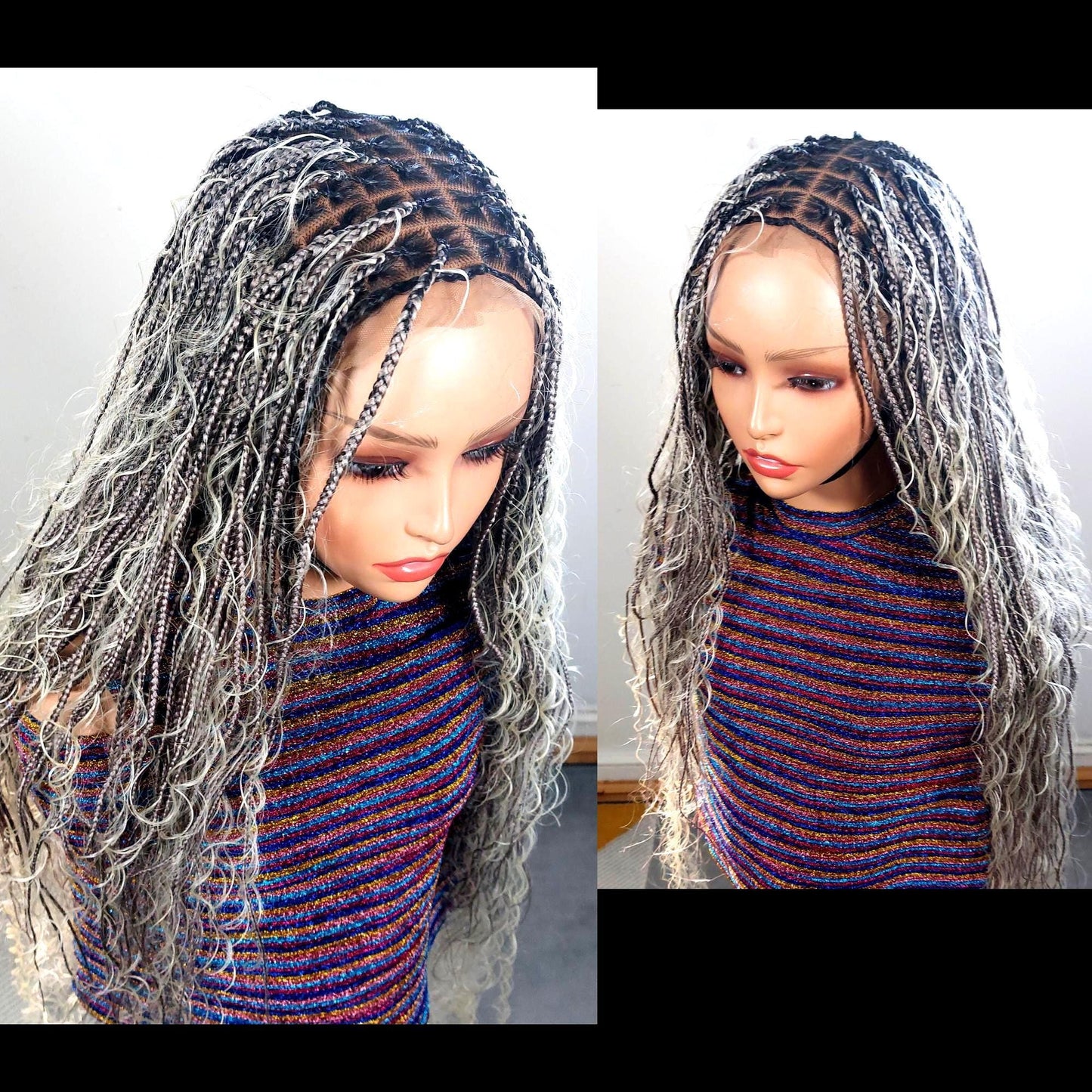 Braided Wigs for Black Women Knotless Boho Goddess Braid Wig – Silver Wavy Human Hair Blend Lace Front – product image 1