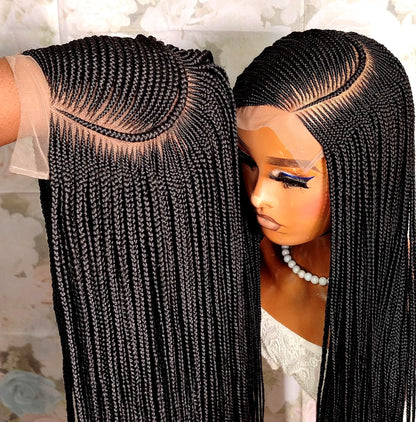 Braided Wig for Black Women – Lace Frontal Human Hair C-cut Tribal African Fulani Cornrow – Long Ghana Weave Black Lemonade Single – product image 1