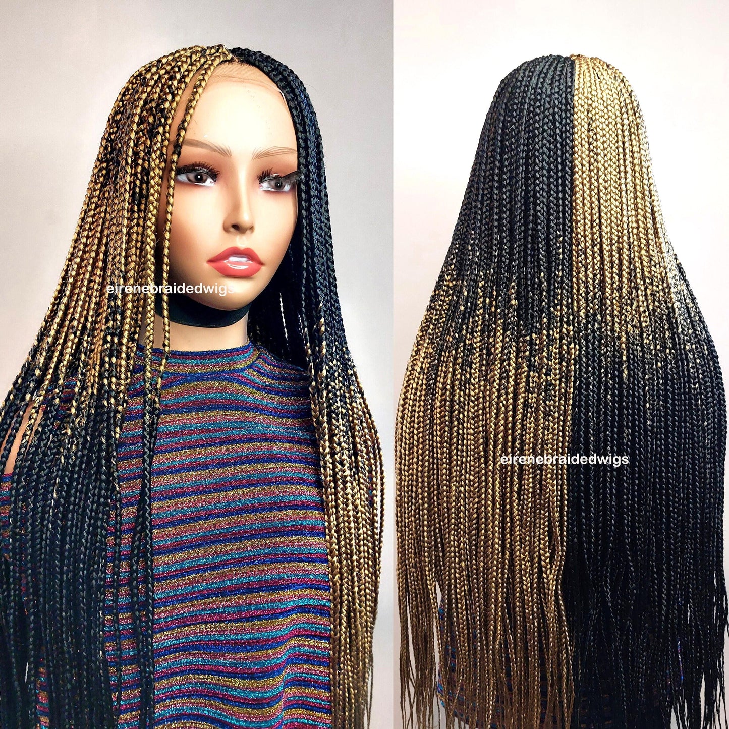Box Braids Wig for Black Women – two colour gold black long braided wig – Lace closure center parting wig – wigs for women – ready – product image 1