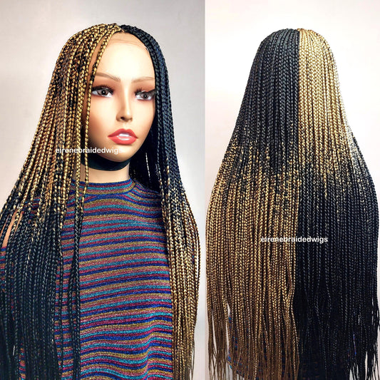 Box Braids Wig for Black Women – two colour gold black long braided wig – Lace closure center parting wig – wigs for women – ready – product image 1