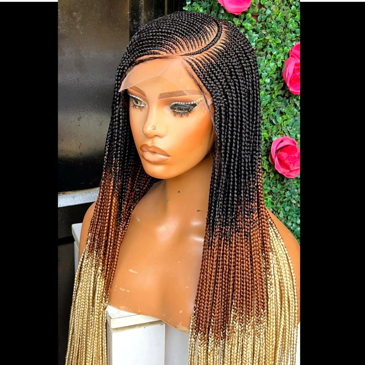 Braided Wigs for Black Women – Lace Frontal C-curve Braided Wig – Fulani Tribal Cornrow – Black Brown Blonde Ombre Wig – product image 5