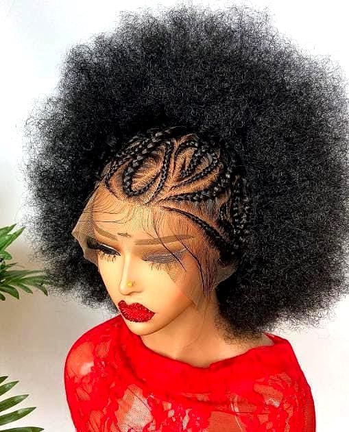 Braided Wigs for Black Women Short Afro Puff Braided lace front Cornrow wig for Black Women – tribal updo Braided Wigs with baby hair – product image 1