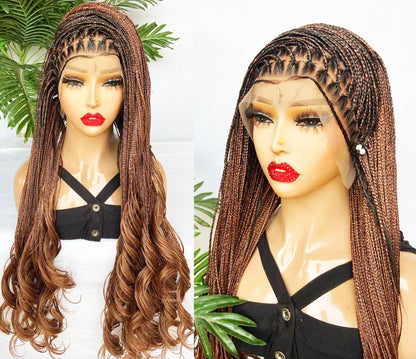 Full lace frontal knotless box braids wig for Black Women – French curls silk deep wave twist braided wig – Spanish curl spiral – product image 1