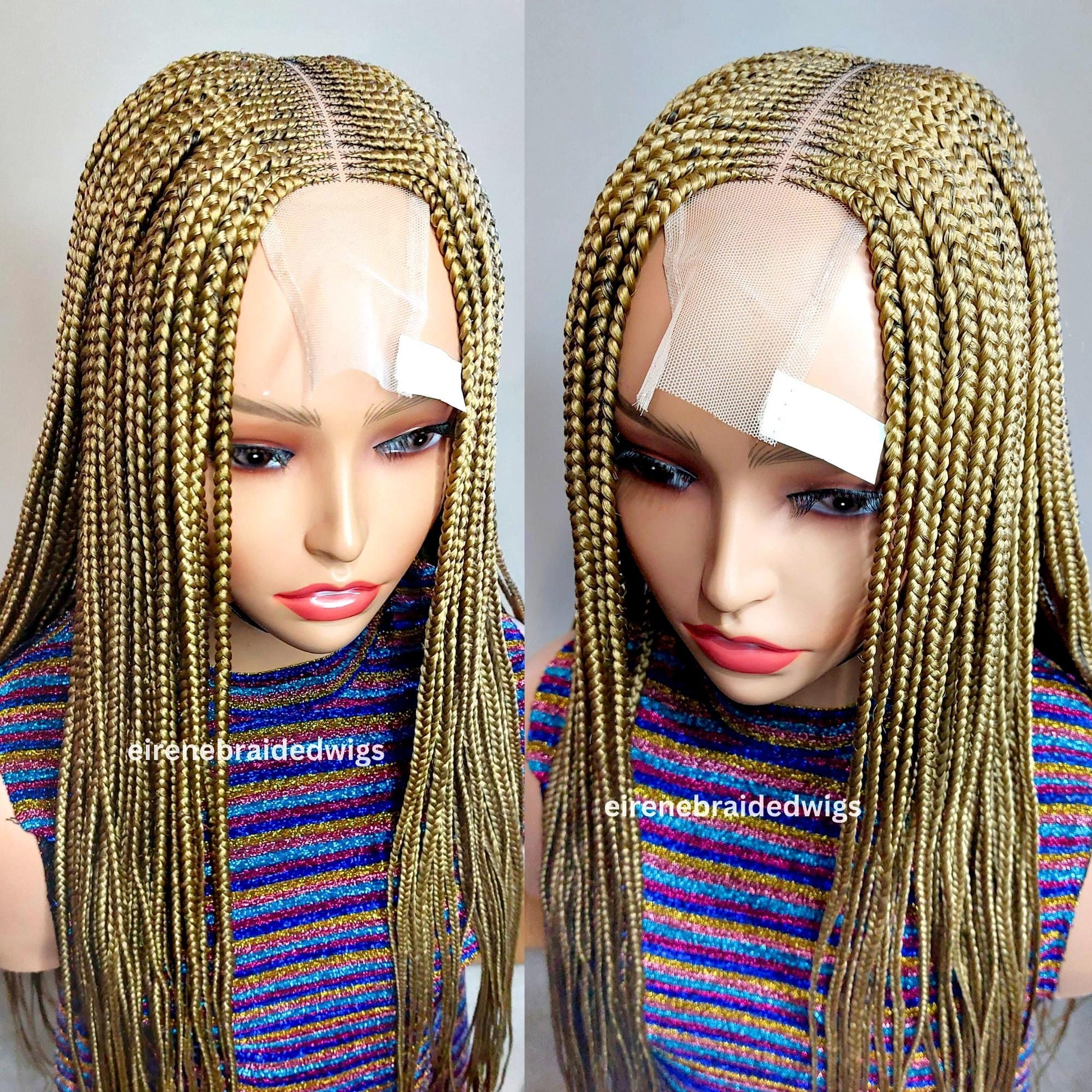 READY TO SHIP Braided Wig for Black Women – Cornrow weave human hair lace closure single box braids – long middle-part gold african – product image 1