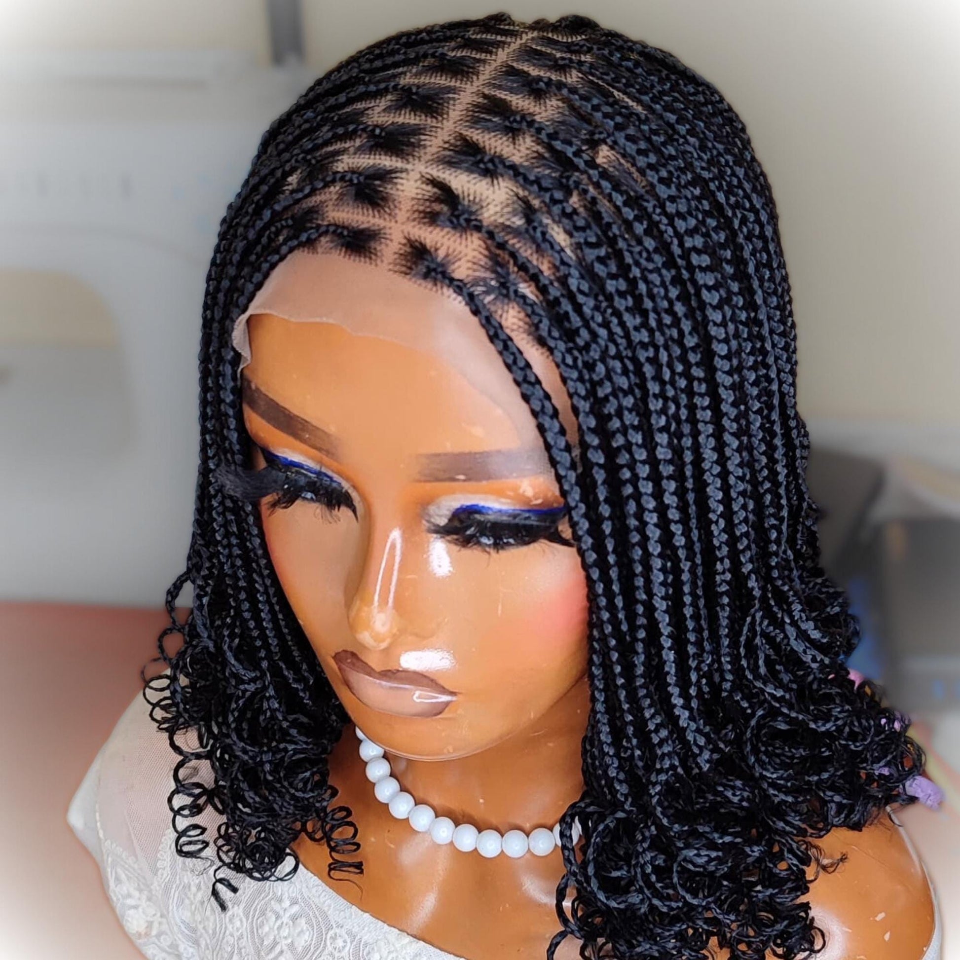 Braided Wigs for Black Women Knotless Box Braid Bob Wig – Black Curly Human Hair Lace Closure – product image 4