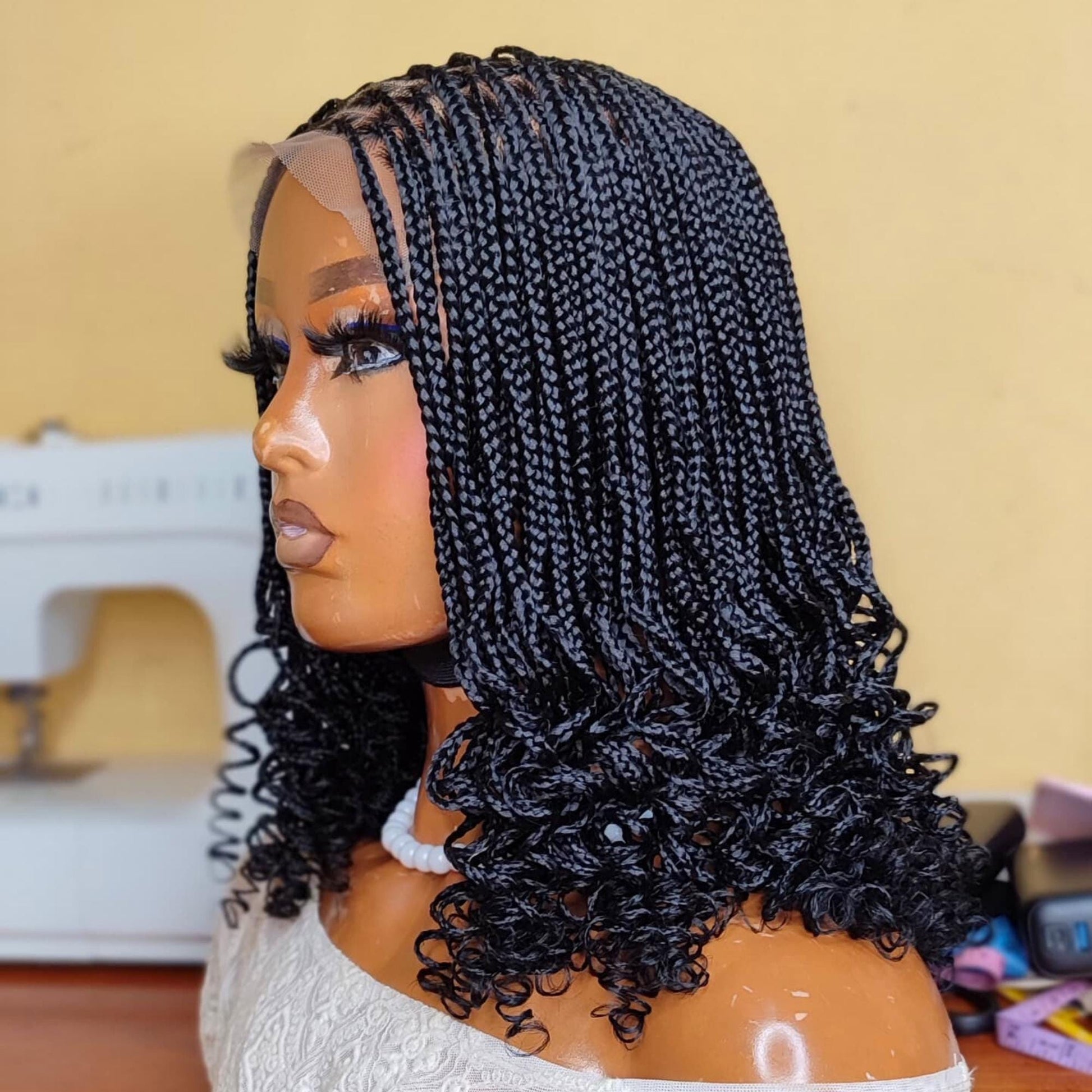 Braided Wigs for Black Women Knotless Box Braid Bob Wig – Black Curly Human Hair Lace Closure – product image 5