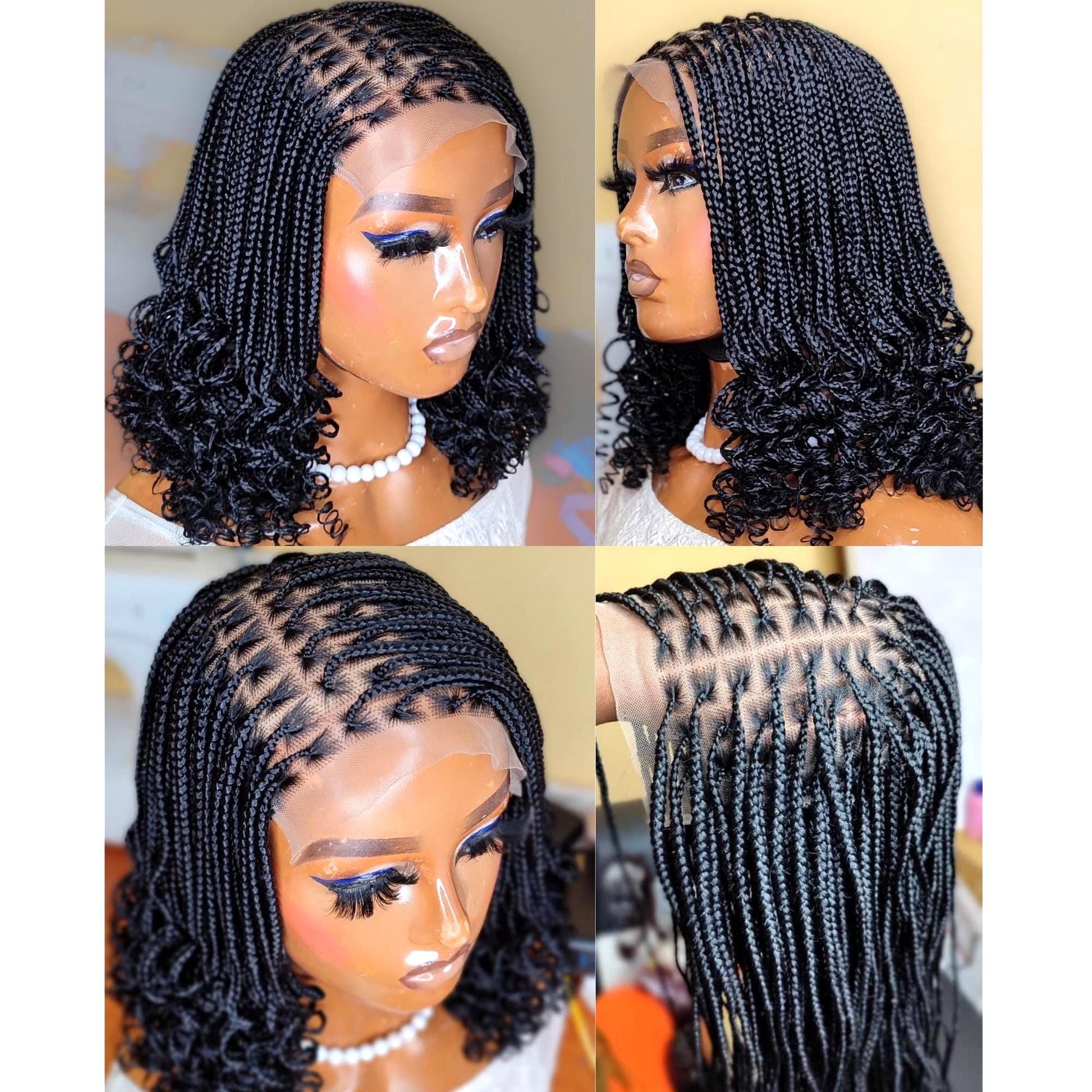 Braided Wigs for Black Women Knotless Box Braid Bob Wig – Black Curly Human Hair Lace Closure – product image 2