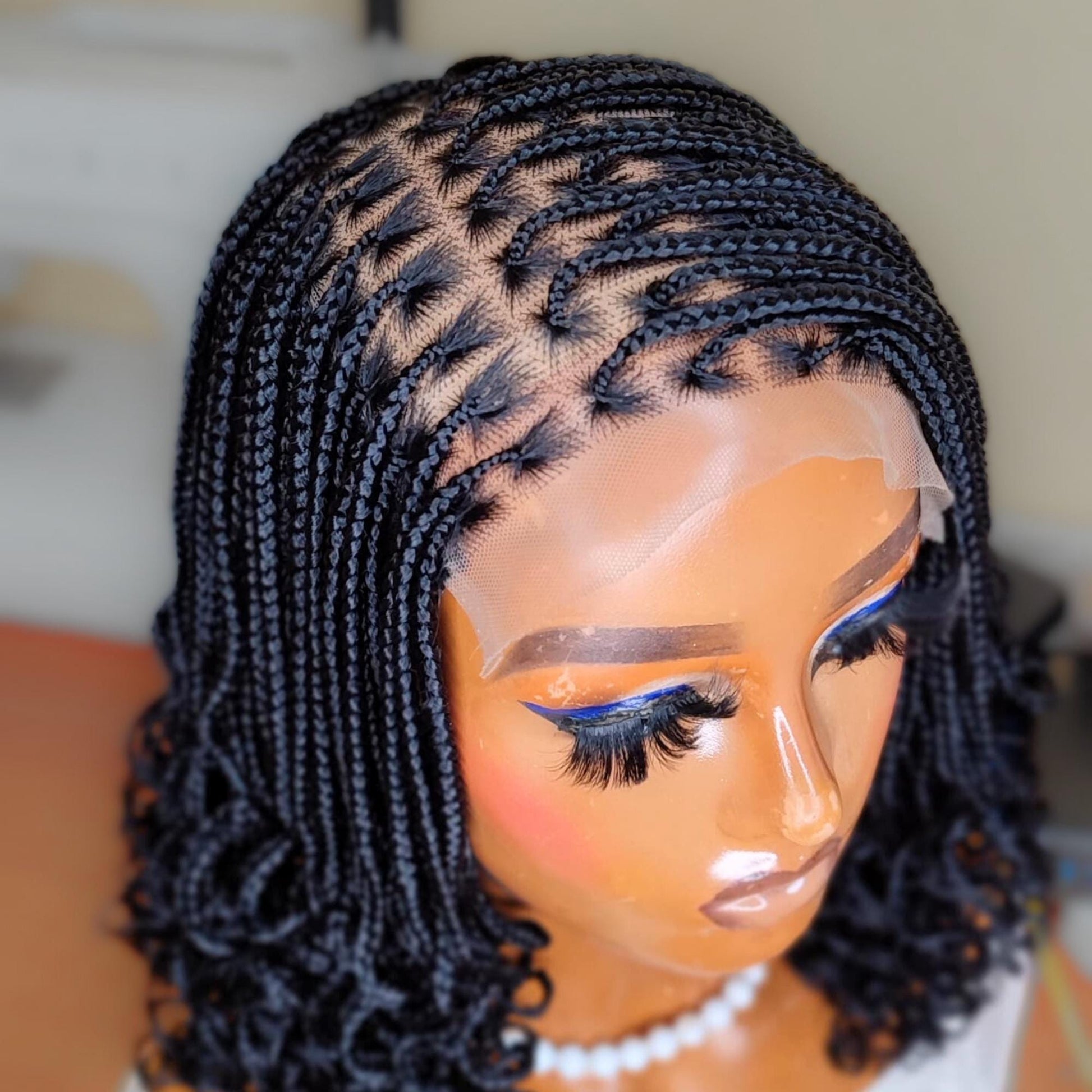 Braided Wigs for Black Women Knotless Box Braid Bob Wig – Black Curly Human Hair Lace Closure – product image 3
