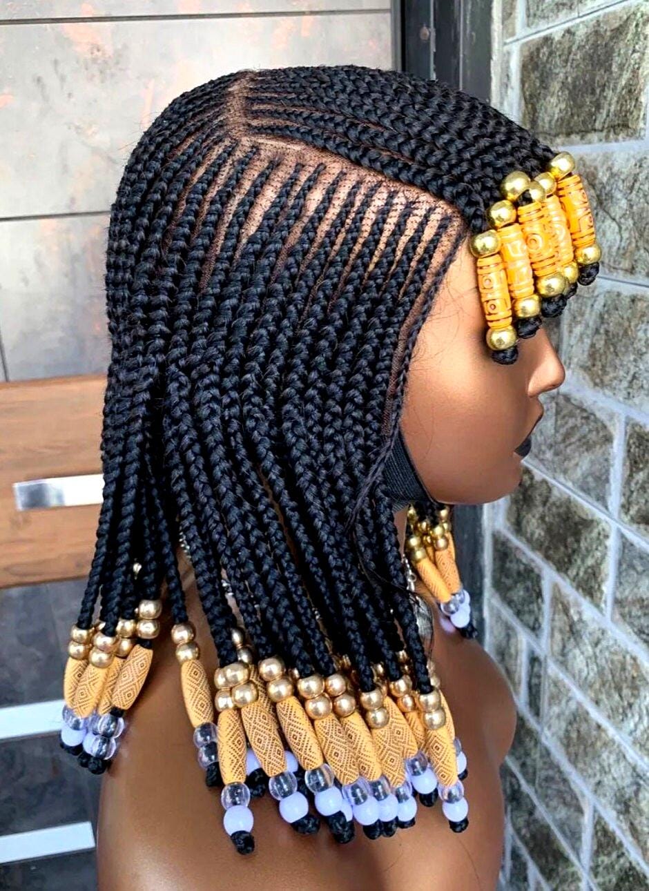 Braided Wigs for Black Women Beaded Braided Wig with Bangs – 14-inch Bob – Lace Frontal – product image 8