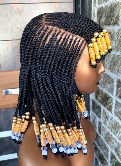 Braided Wigs for Black Women Beaded Braided Wig with Bangs – 14-inch Bob – Lace Frontal – product image 8