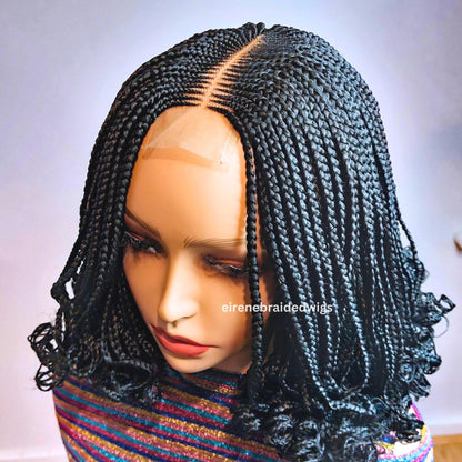 READY TO SHIP Braided Wig for Black Women – Spanish curls short bob lace closure braids wig – fulani Cornrow full density Black – product image 1