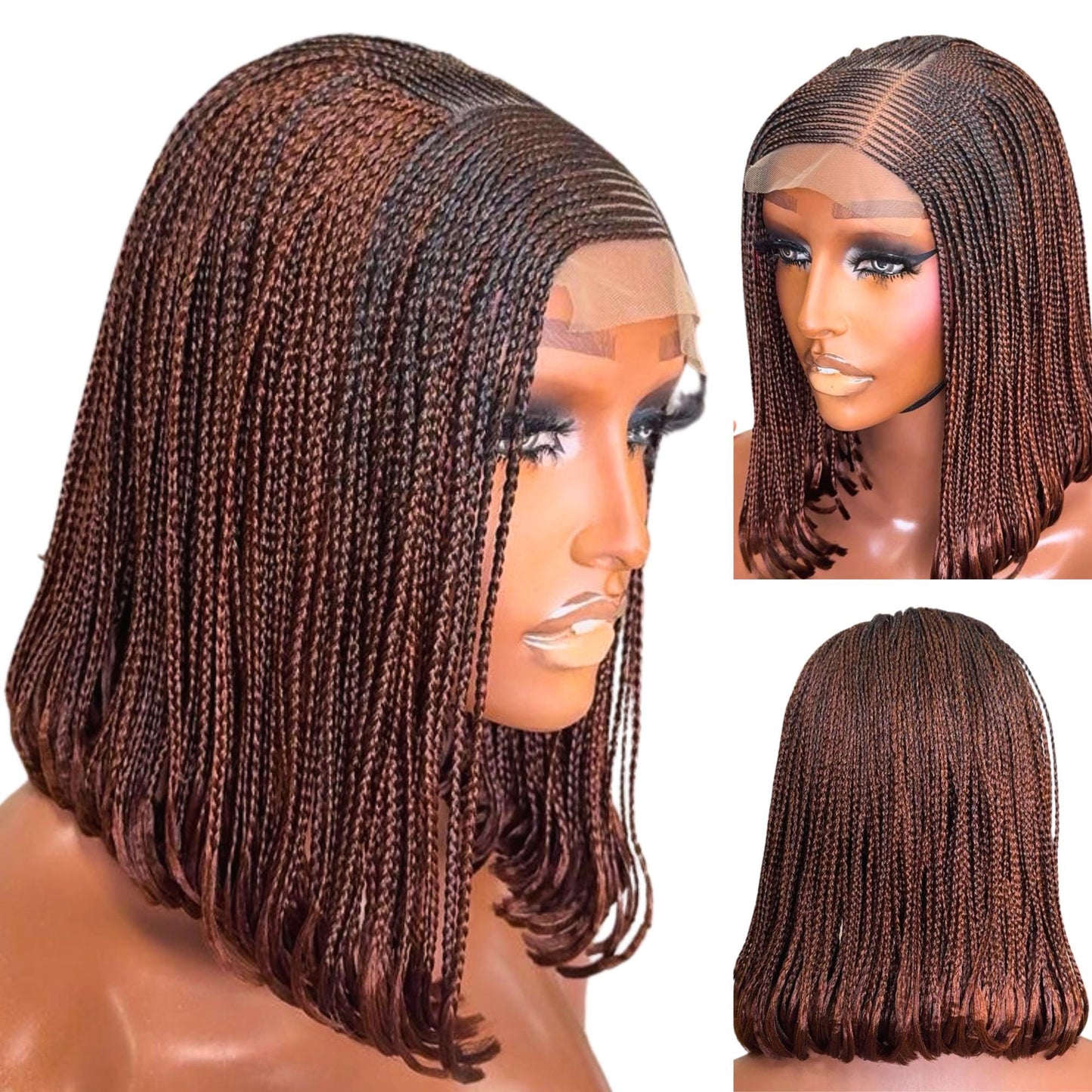 Bob Cornrow braided wig for Black Women – Curly human hair lace-frontal african tribal light-weight side-parting 14-inch long box – product image 3