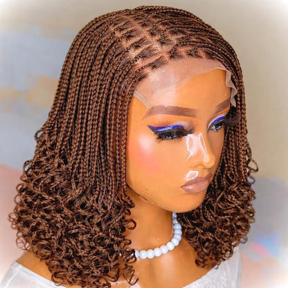 Braided Wigs for Black Women Knotless Box Braid Bob Wig – Black Curly Human Hair Lace Closure – product image 1