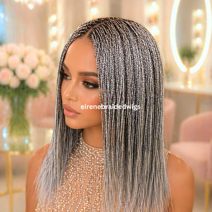 Braided Wigs for Black Women – Micro Twist Wig – Lace closure Short Bob Wig – Silver Wig – Salt and Pepper – Grey/Black Mix – product image 1