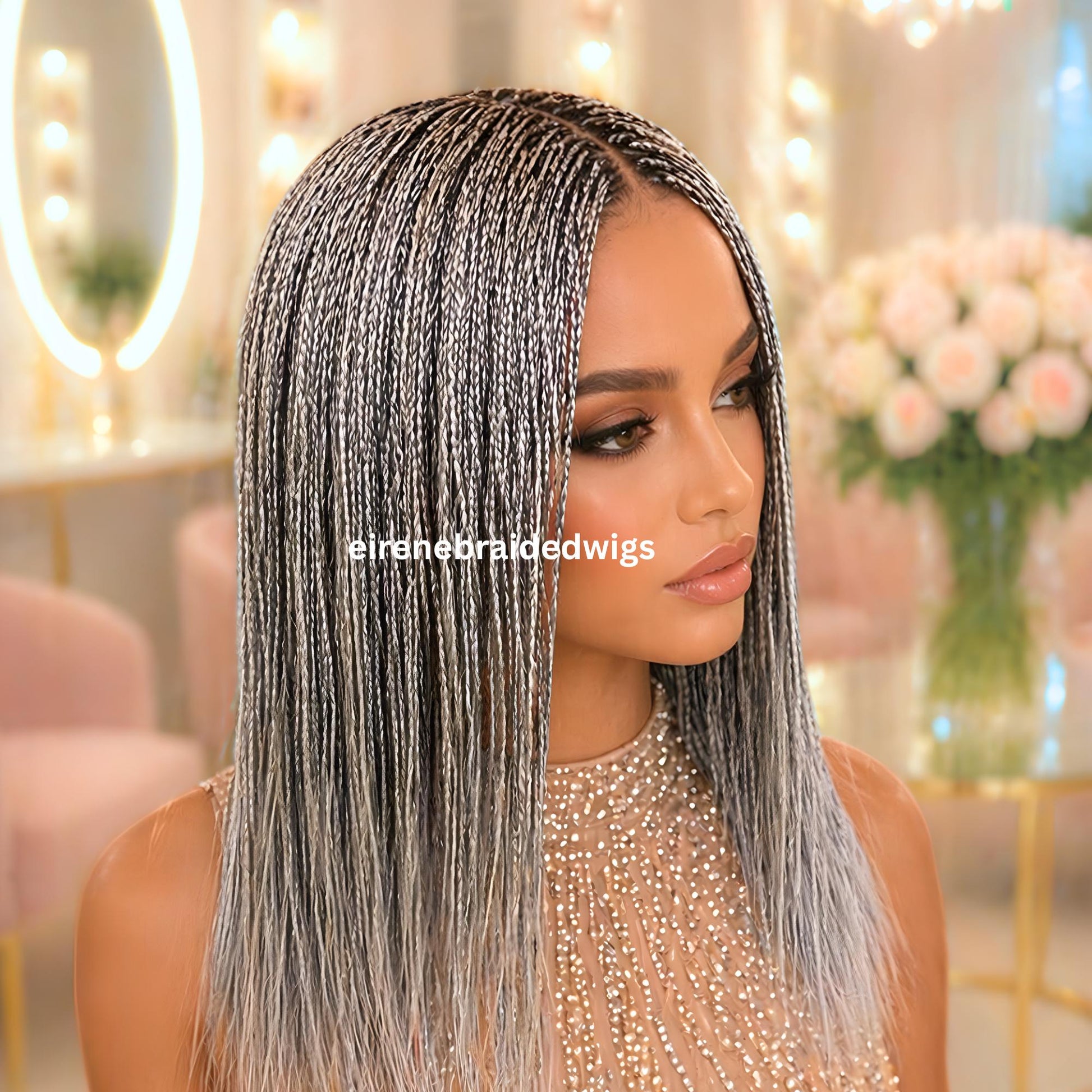 Braided Wigs for Black Women – Micro Twist Wig – Lace closure Short Bob Wig – Silver Wig – Salt and Pepper – Grey/Black Mix – product image 2
