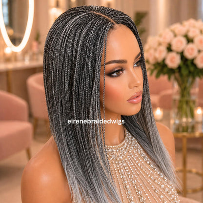 Braided Wigs for Black Women – Micro Twist Wig – Lace closure Short Bob Wig – Silver Wig – Salt and Pepper – Grey/Black Mix 16inches – product image 3