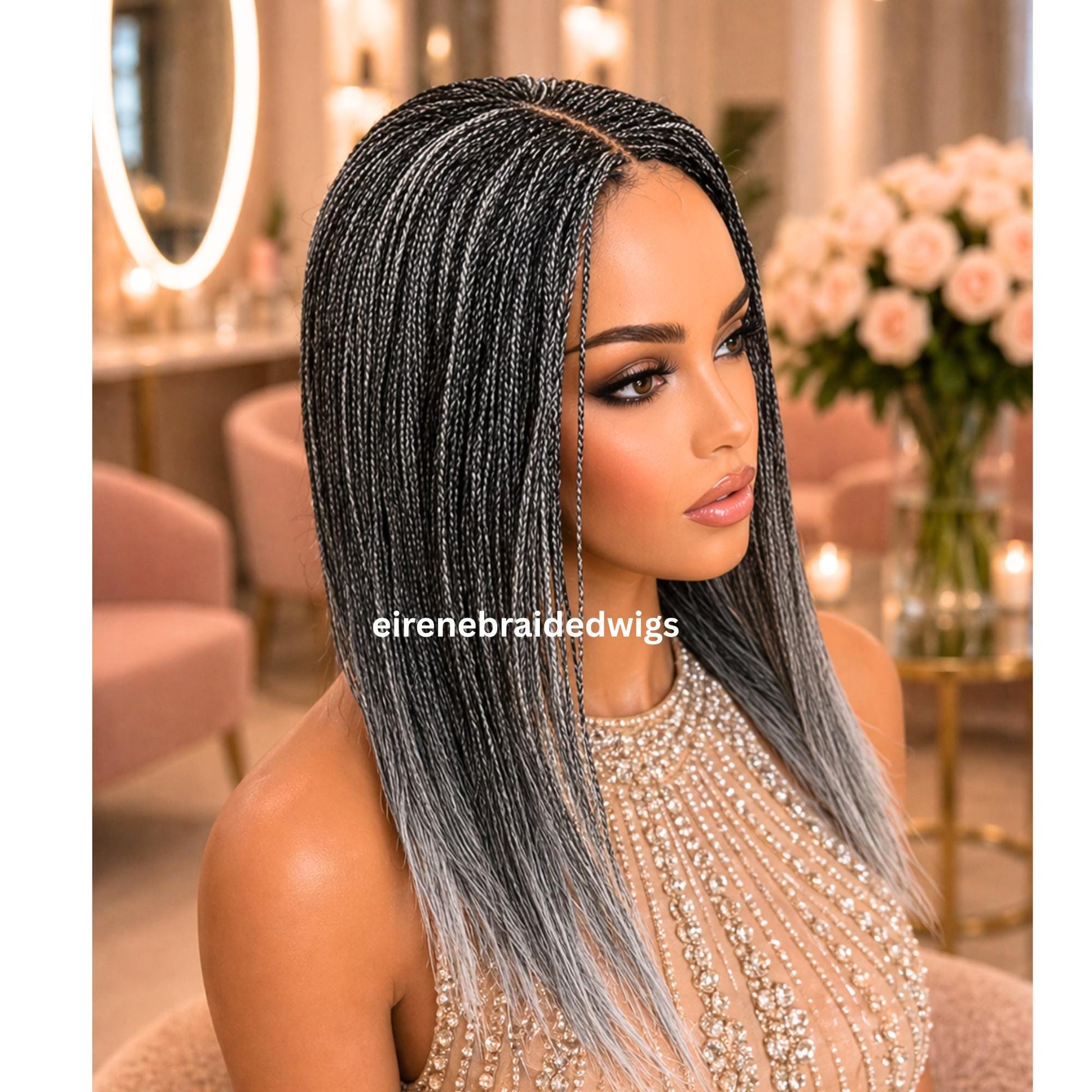 Braided Wigs for Black Women – Micro Twist Wig – Lace closure Short Bob Wig – Silver Wig – Salt and Pepper – Grey/Black Mix 16inches – product image 2