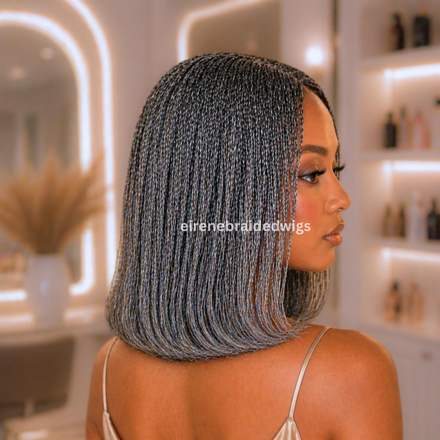 Braided Wigs for Black Women – Micro Twist Bob Braids Wig – 12 inch Lace closure Short Bob Wig – Silver Wig – Salt and Pepper – – product image 4