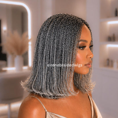 Braided Wigs for Black Women – Micro Twist Bob Braids Wig – 12 inch Lace closure Short Bob Wig – Silver Wig – Salt and Pepper – – product image 5