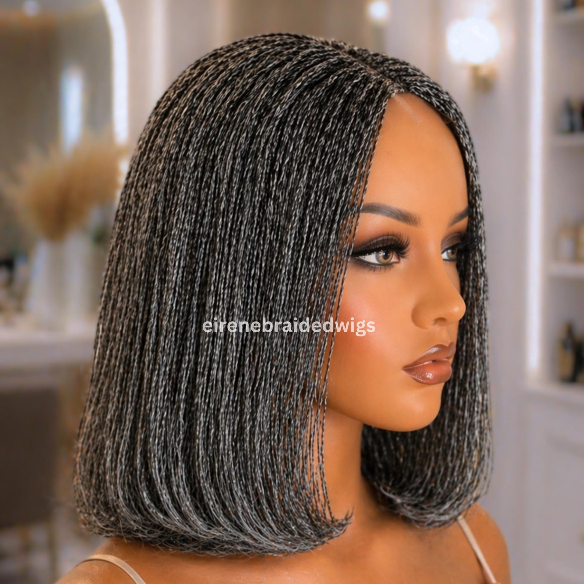 Braided Wigs for Black Women – Micro Twist Bob Braids Wig – 12 inch Lace closure Short Bob Wig – Silver Wig – Salt and Pepper – – product image 2