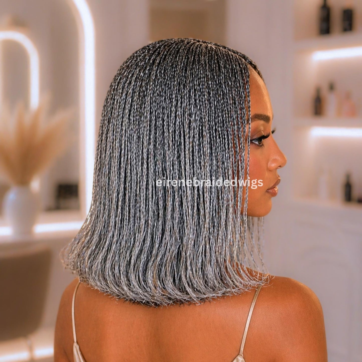 Braided Wigs for Black Women – Micro Twist Bob Braids Wig – 12 inch Lace closure Short Bob Wig – Silver Wig – Salt and Pepper – – product image 7