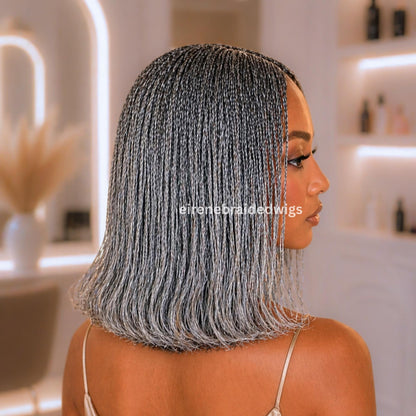 Braided Wigs for Black Women – Micro Twist Bob Braids Wig – 12 inch Lace closure Short Bob Wig – Silver Wig – Salt and Pepper – – product image 7