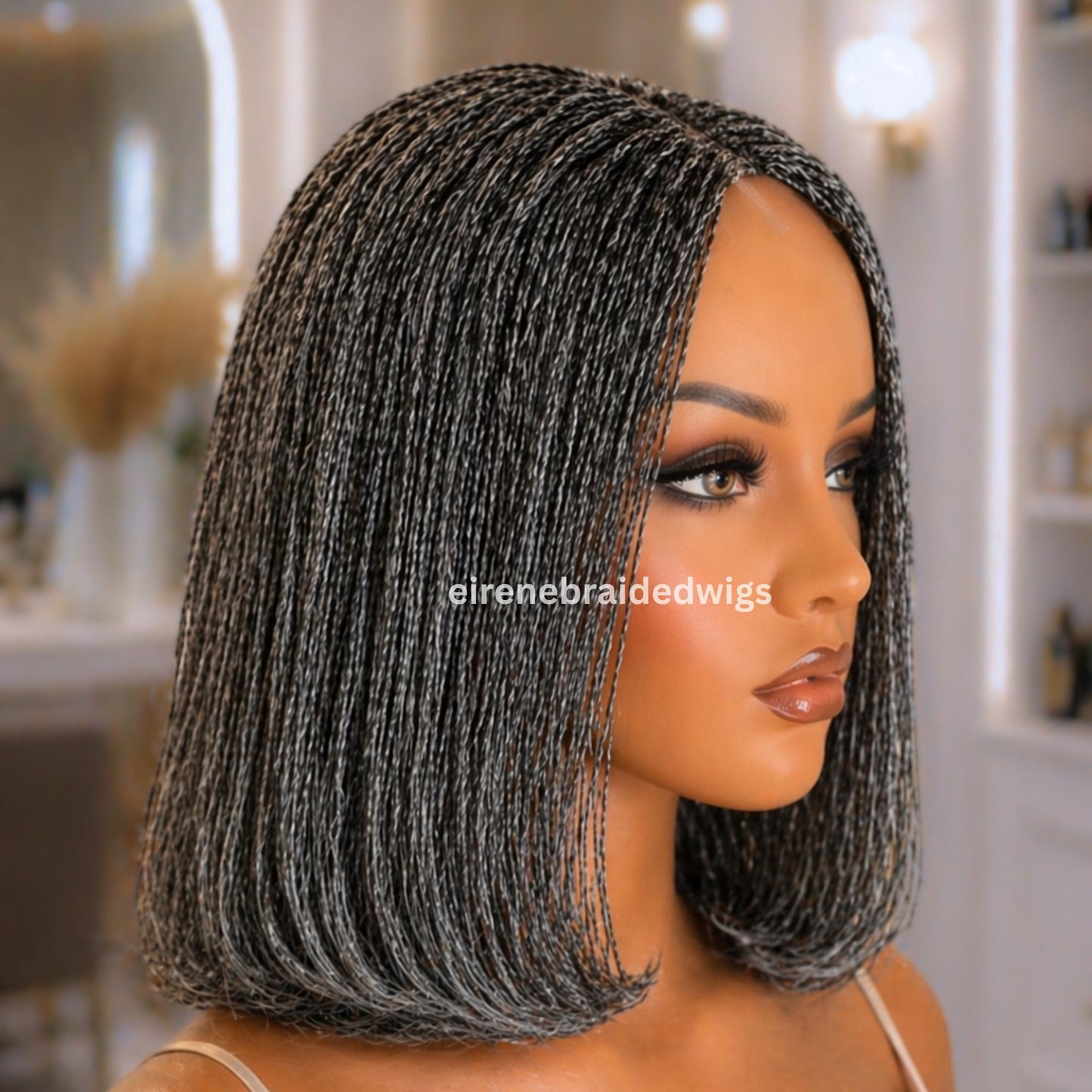 Braided Wigs for Black Women – Micro Twist Bob Braids Wig – 12 inch Lace closure Short Bob Wig – Silver Wig – Salt and Pepper – – product image 6