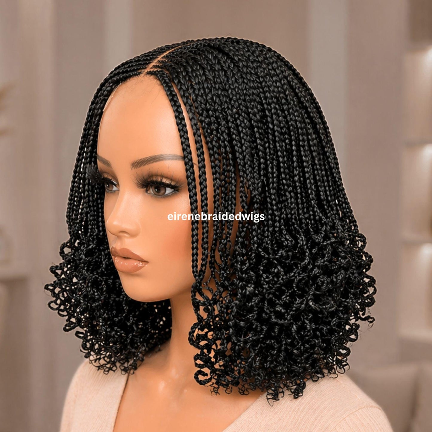 Braided Wig for Black Women – Brown Curly Short Bob Lace Closure Braids Wig – Fulani Cornrow Full Density Black Curly Cig – product image 10