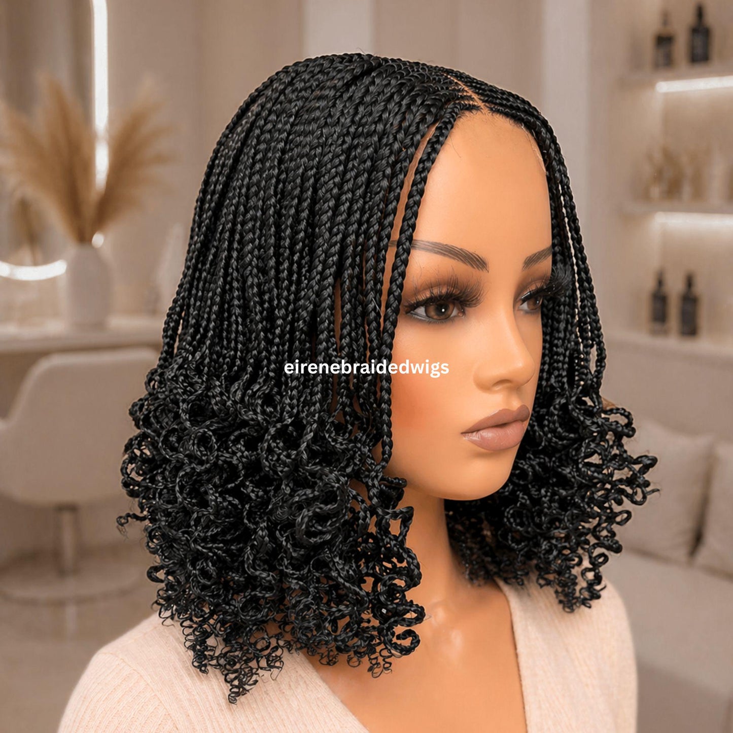 Braided Wig for Black Women – Brown Curly Short Bob Lace Closure Braids Wig – Fulani Cornrow Full Density Black Curly Cig – product image 8