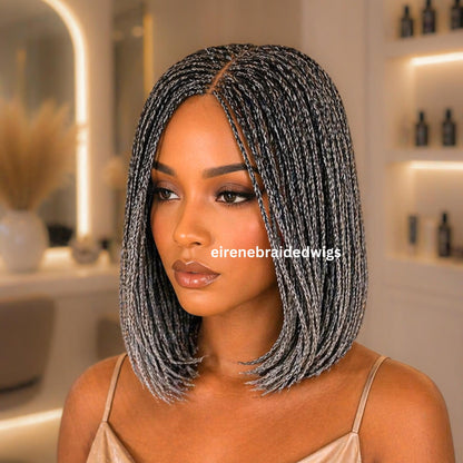 Braided Wigs for Black Women – Micro Twist Wig – Lace closure Short Bob Wig – Silver Wig – Salt and Pepper – Grey/Black Mix – product image 2
