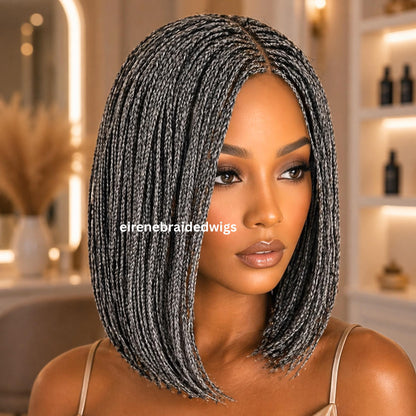 Braided Wigs for Black Women – Micro Twist Wig – Lace closure Short Bob Wig – Silver Wig – Salt and Pepper – Grey/Black Mix – product image 5
