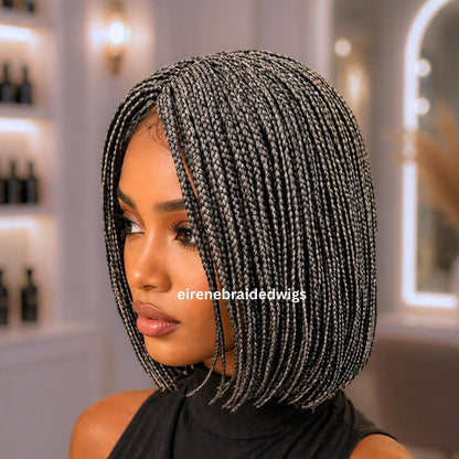 Braided Wigs for Black Women – Micro Twist Wig – Lace closure Short Bob Wig – Silver Wig – Salt and Pepper – Grey/Black Mix – product image 5