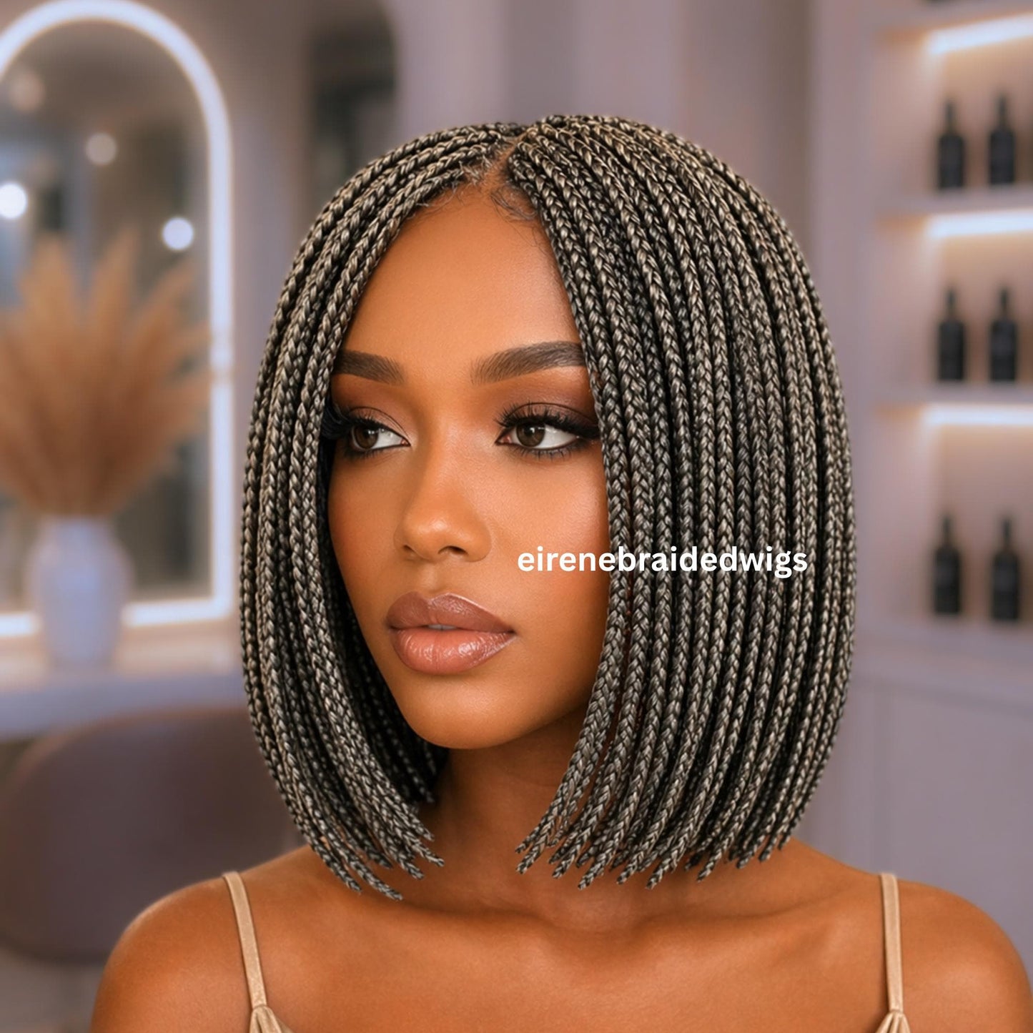 Braided Wigs for Black Women – Micro Twist Wig – Lace closure Short Bob Wig – Silver Wig – Salt and Pepper – Grey/Black Mix – product image 6