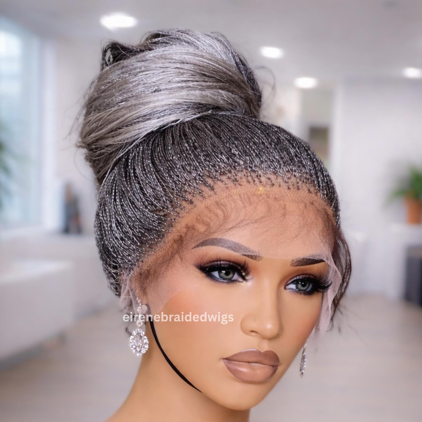 Full Lace Bone Straight Twist Wig for Black Women – Salt and Pepper Micro Braids – Needle Size Nano Braid – Glueless with Baby Hair – product image 1