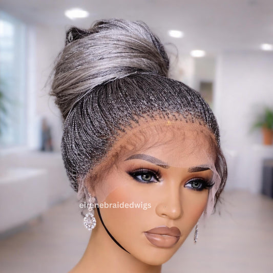 Full Lace Bone Straight Twist Wig for Black Women – Salt and Pepper Micro Braids – Needle Size Nano Braid – Glueless with Baby Hair – product image 1