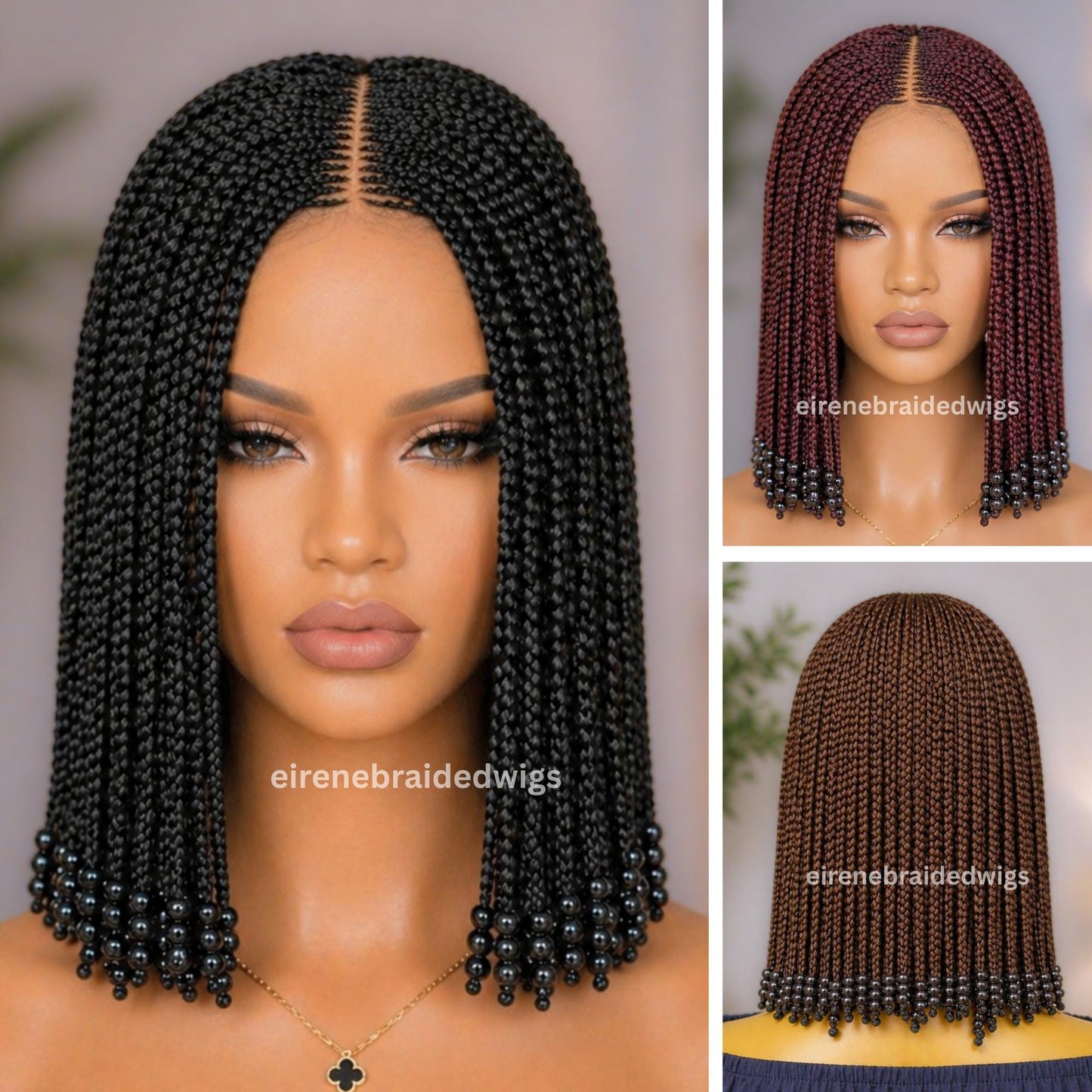 Short Bob Braided Wig for Black Women – Braids With Beads – Middle Part 14inch Lace Closure Wig – product image 3