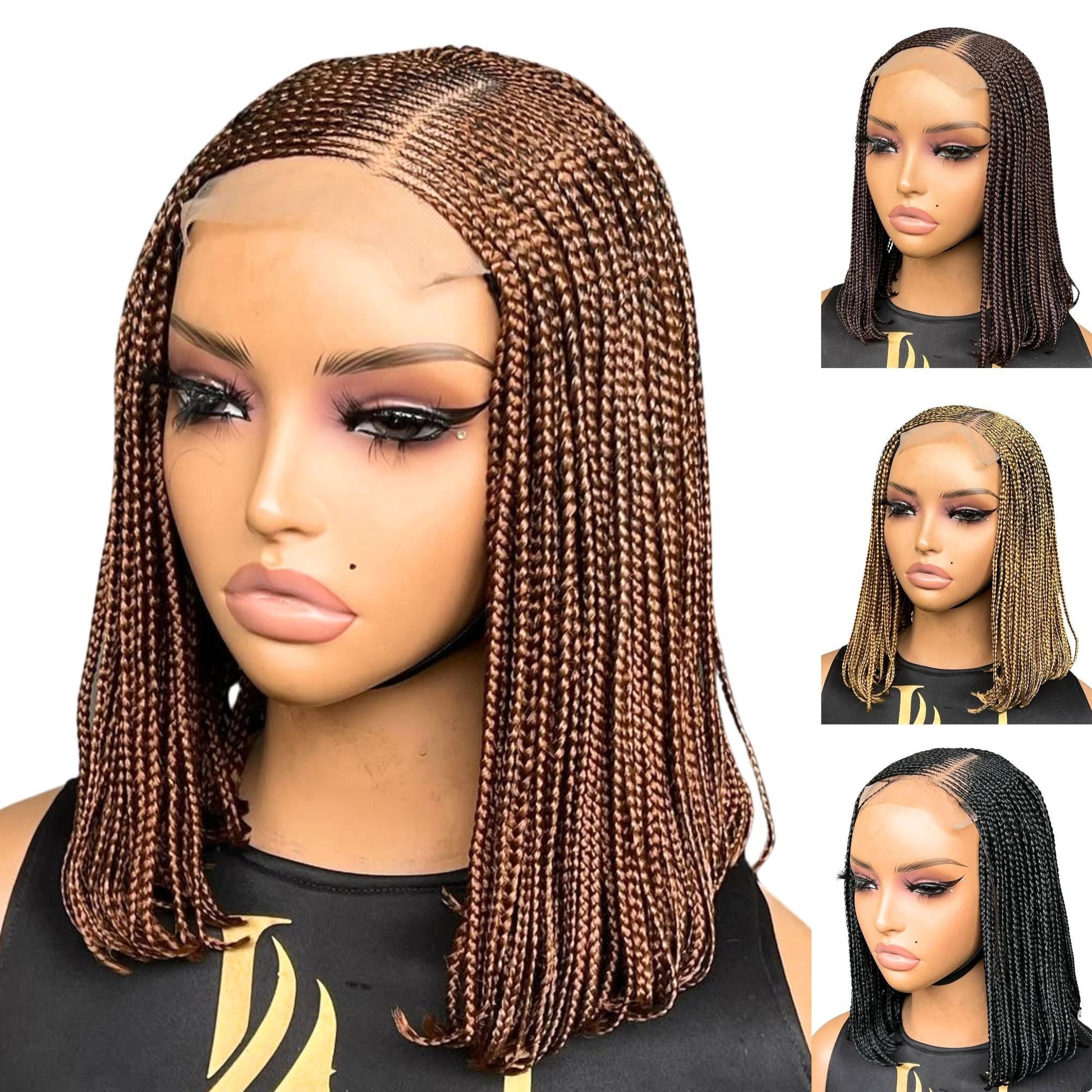 Bob Cornrow braided wig for Black Women – Curly human hair lace-frontal african tribal light-weight side-parting 14-inch long box – product image 1