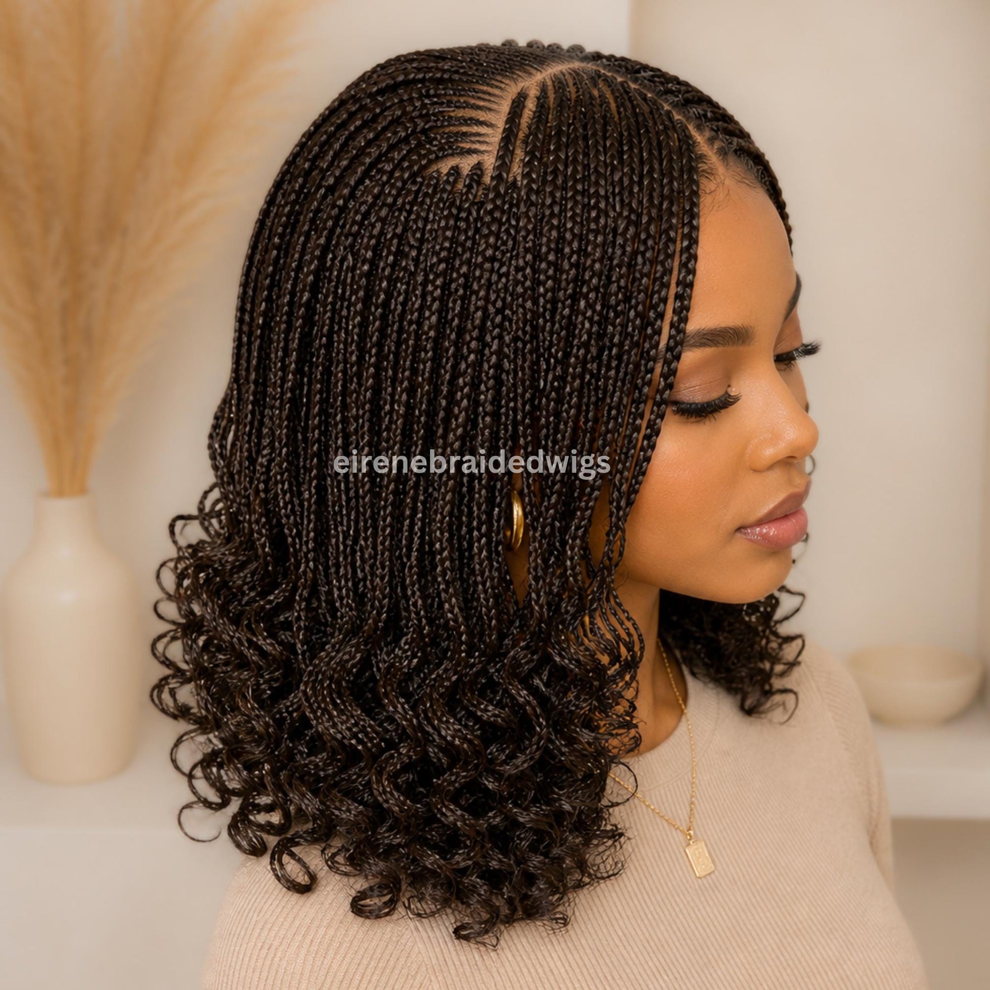 16inch Curly Braided Wigs for Black Women Handmade Single Braids Wig – Cornrow Weave – 4x4 Lace Closure – product image 2
