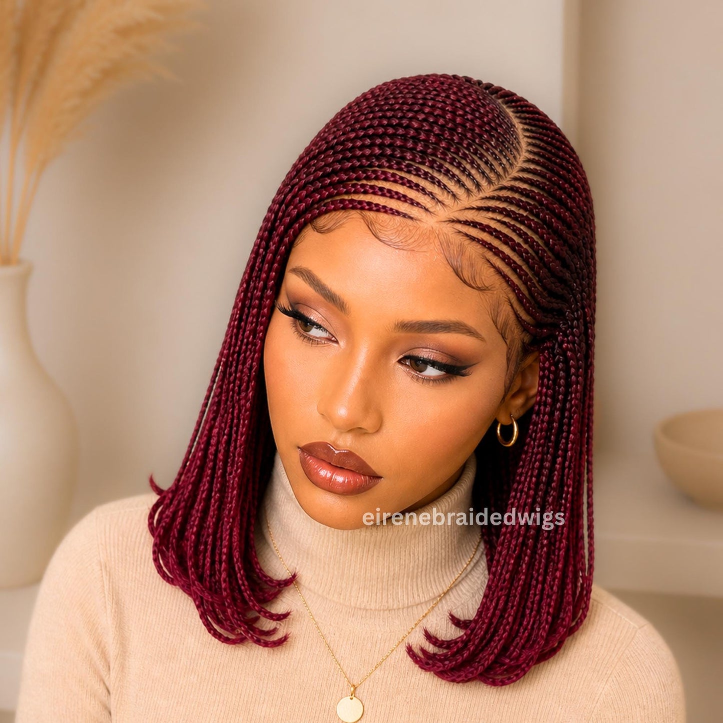 Bob Cornrow braided wig for Black Women – Red Aurburn Burgundy Curly human hair lace-frontal african tribal light-weight – product image 2