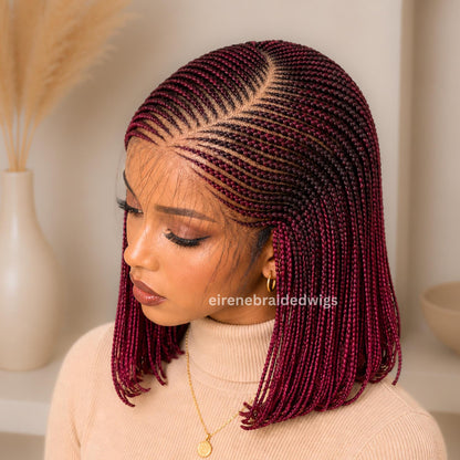 Bob Cornrow braided wig for Black Women – Red Aurburn Burgundy Curly human hair lace-frontal african tribal light-weight – product image 1
