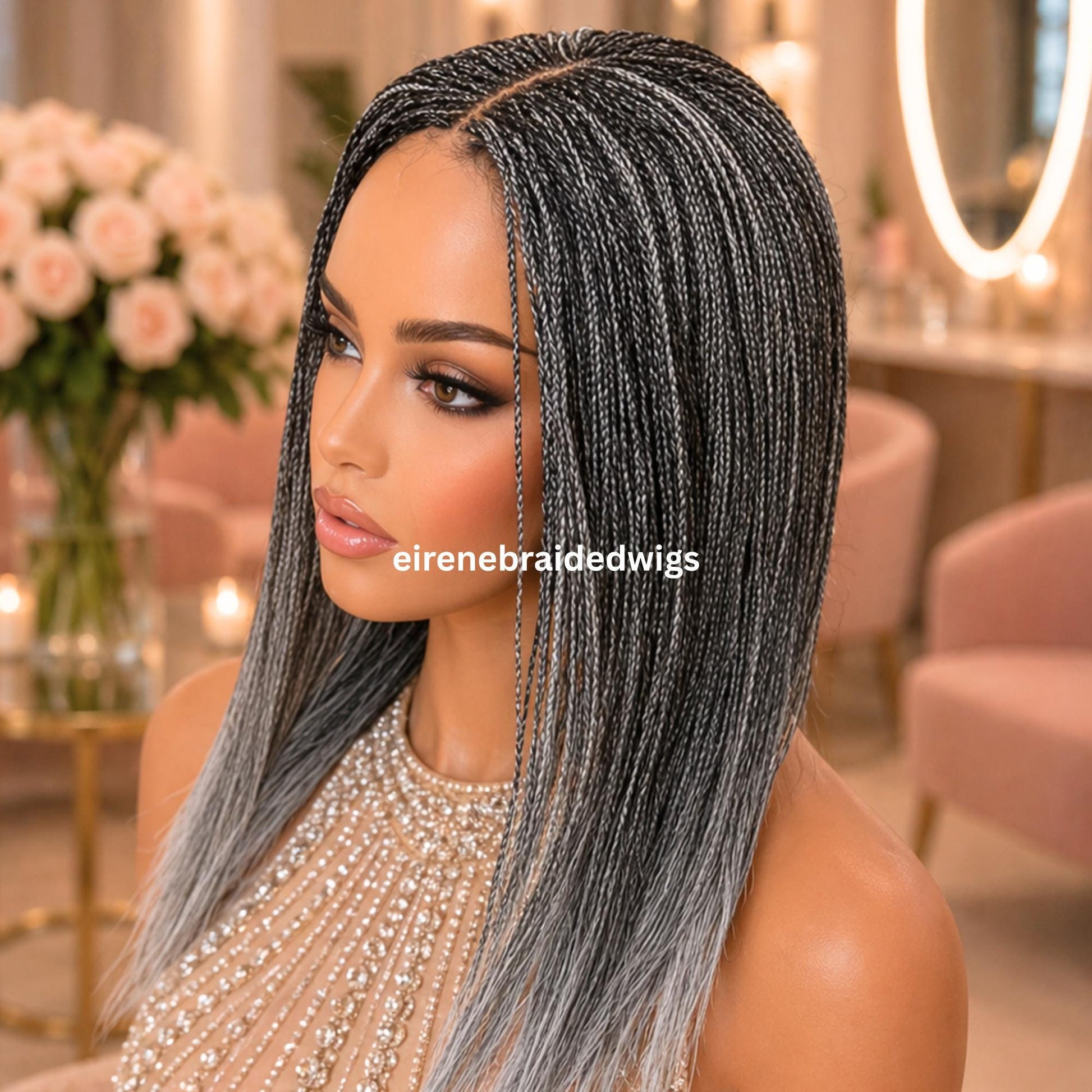 Braided Wigs for Black Women – Micro Twist Wig – Lace closure Short Bob Wig – Silver Wig – Salt and Pepper – Grey/Black Mix 16inches – product image 4