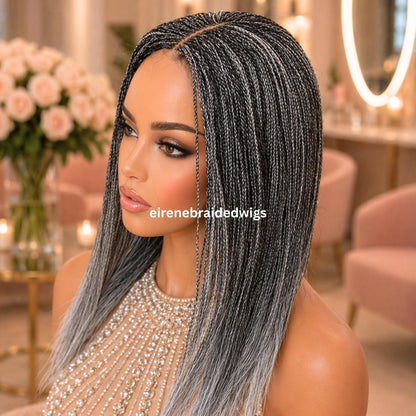 Braided Wigs for Black Women – Micro Twist Wig – Lace closure Short Bob Wig – Silver Wig – Salt and Pepper – Grey/Black Mix 16inches – product image 4