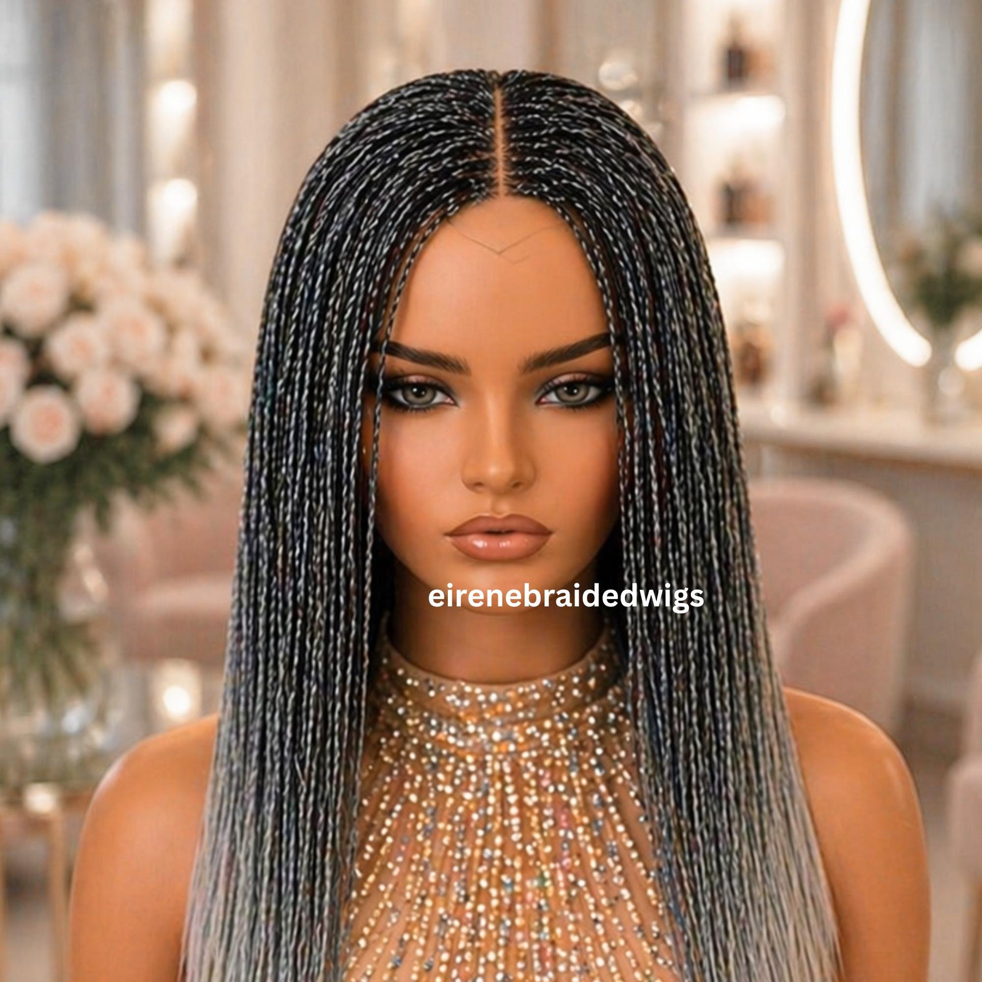 Braided Wigs for Black Women – Micro Twist Wig – Lace closure Short Bob Wig – Silver Wig – Salt and Pepper – Grey/Black Mix 16inches – product image 5