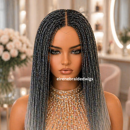 Braided Wigs for Black Women – Micro Twist Wig – Lace closure Short Bob Wig – Silver Wig – Salt and Pepper – Grey/Black Mix 16inches – product image 5