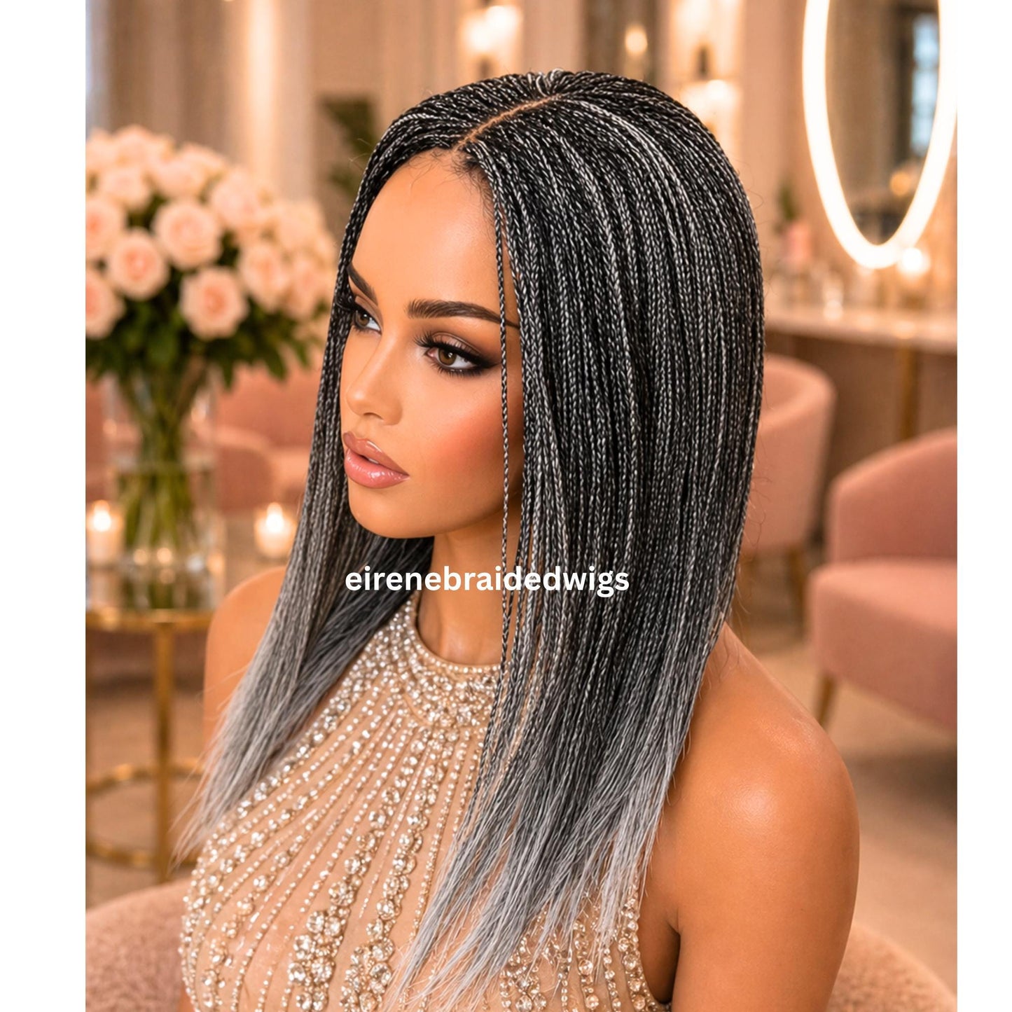 Braided Wigs for Black Women – Micro Twist Wig – Lace closure Short Bob Wig – Silver Wig – Salt and Pepper – Grey/Black Mix 16inches – product image 1