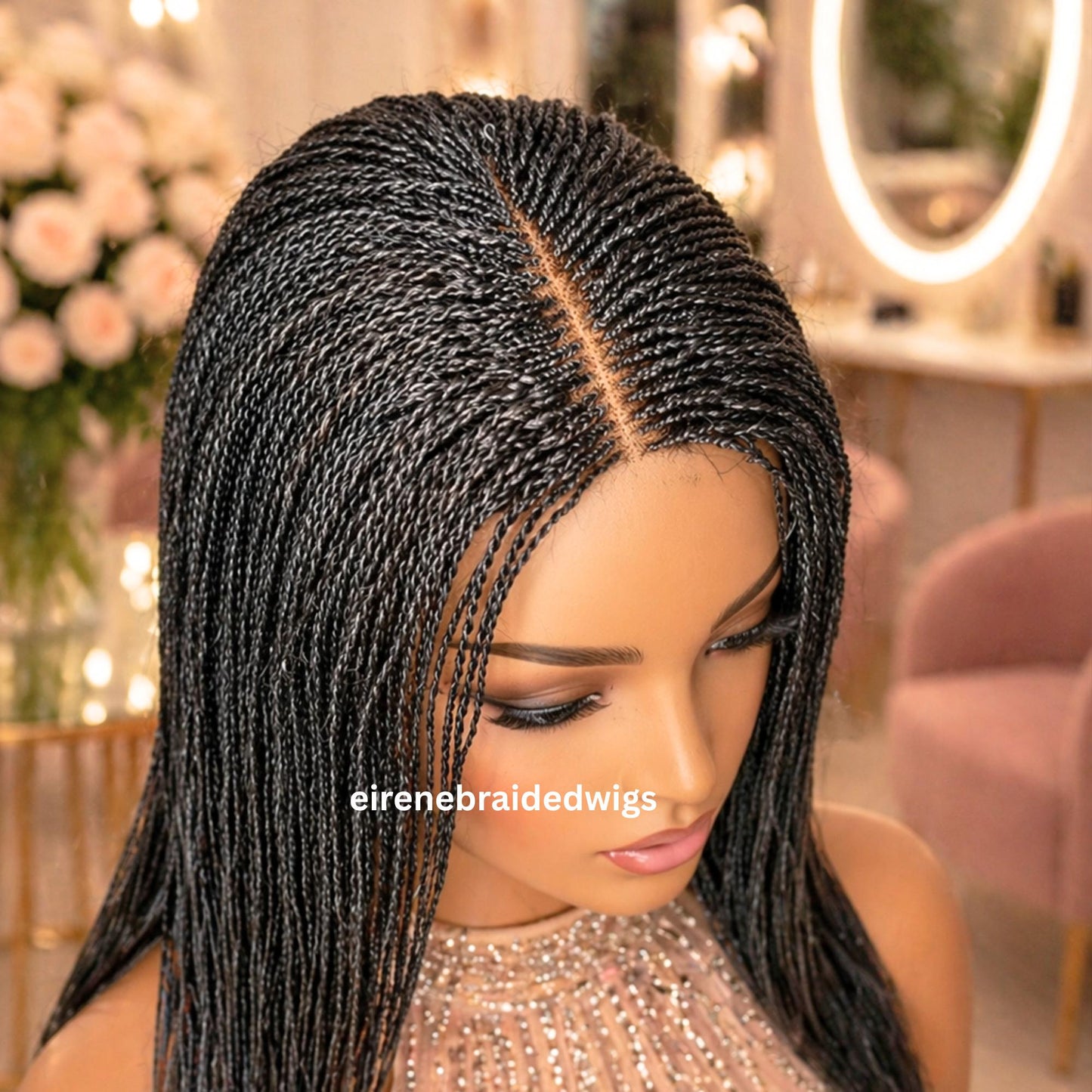 Braided Wigs for Black Women – Micro Twist Wig – Lace closure Short Bob Wig – Silver Wig – Salt and Pepper – Grey/Black Mix 16inches – product image 2