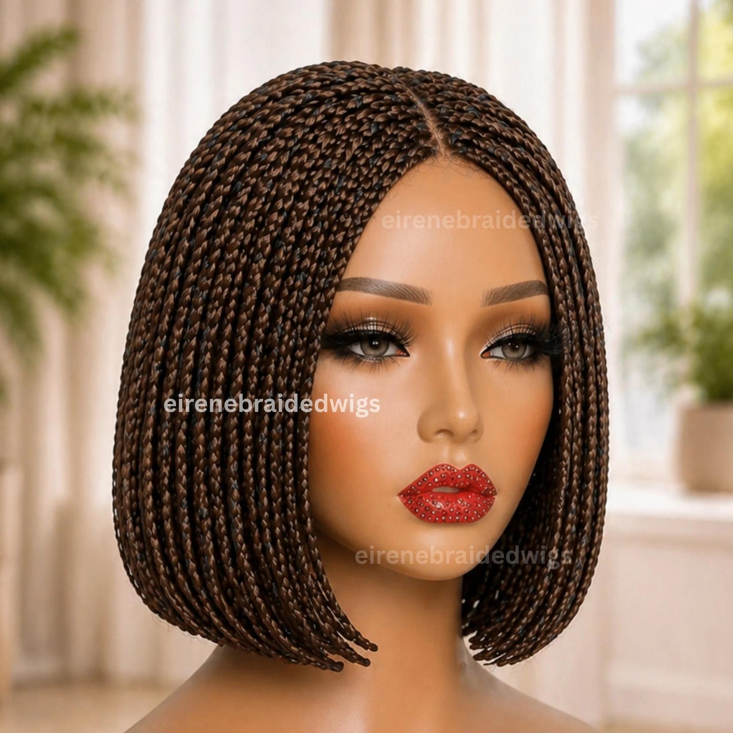 Braided Wigs for Black Women – Brown Short Bob Braided Wig – Human Hair Lace Closure – Single Box Braids – product image 2