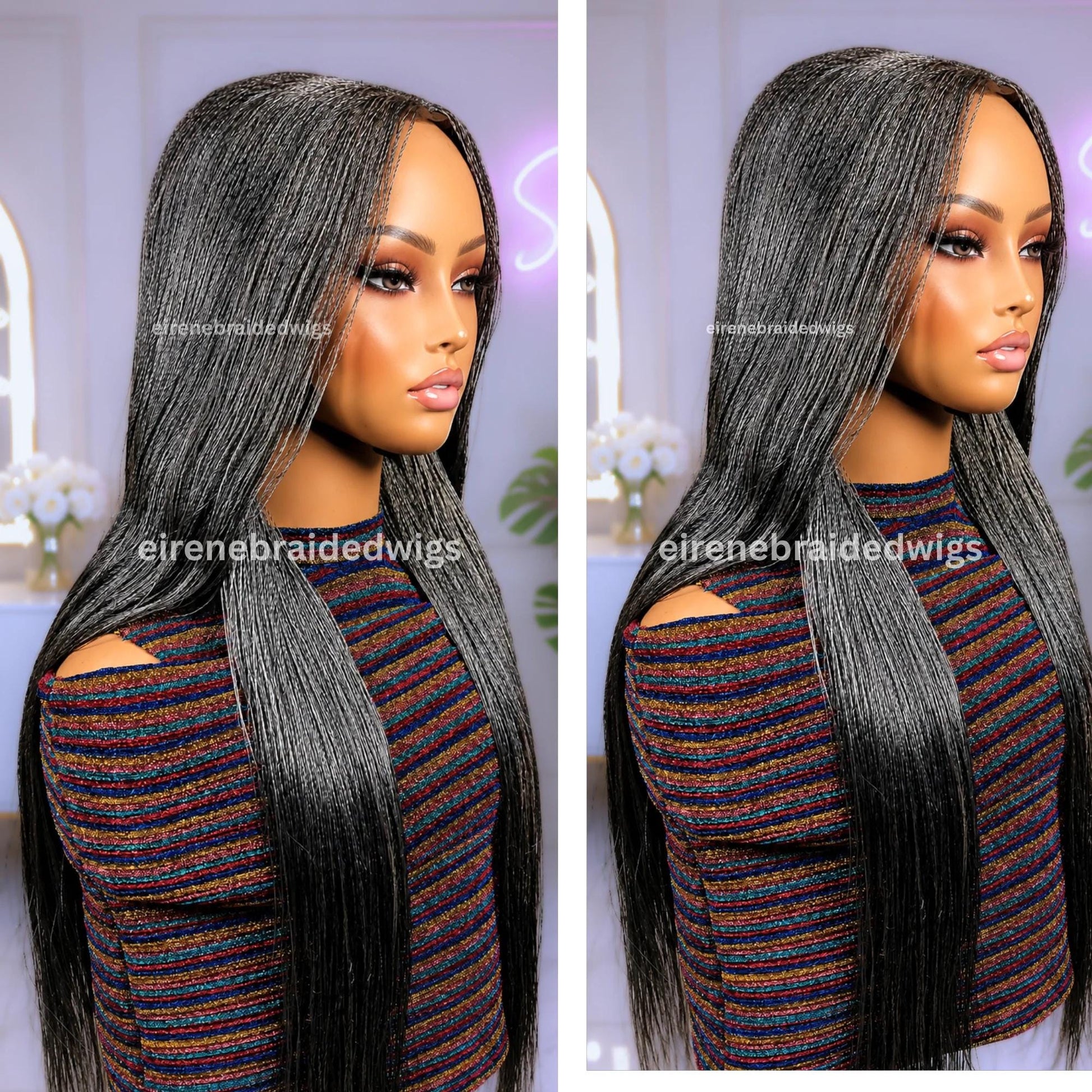 30 inch Twist Human Hair Wig – Lace Closure Nano Braids – Silver / Black/Grey / Salt add Pepper Million Braids – product image 2